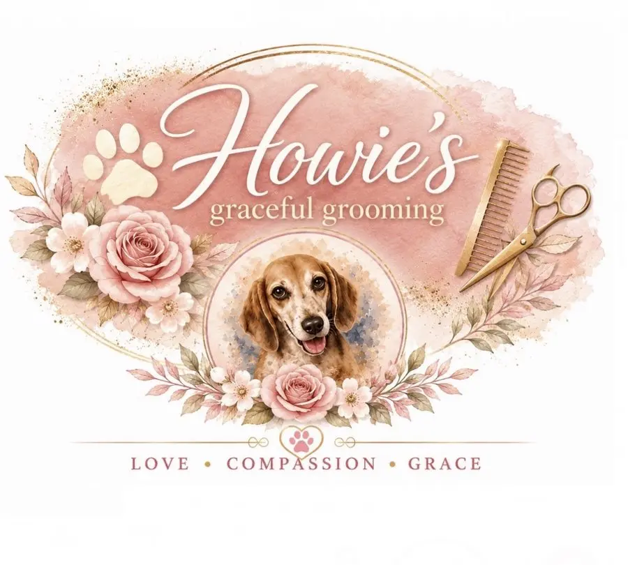 Howie's Graceful Grooming logo with a beagle portrait, roses, and the words Love, Compassion, Grace