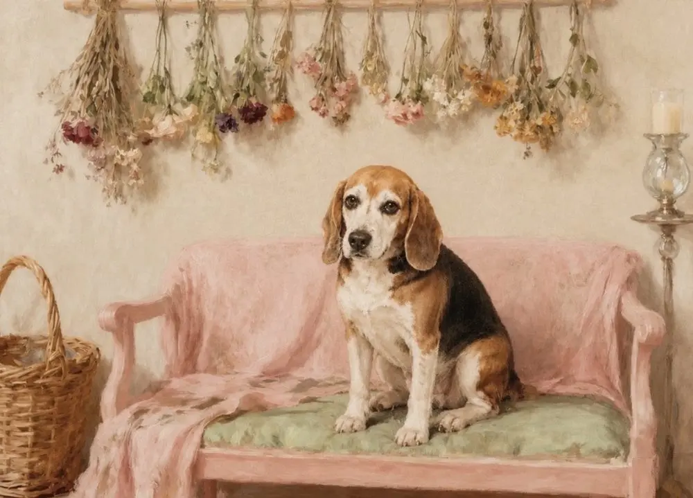 Howie the beagle sitting on a pink bench beneath dried flowers